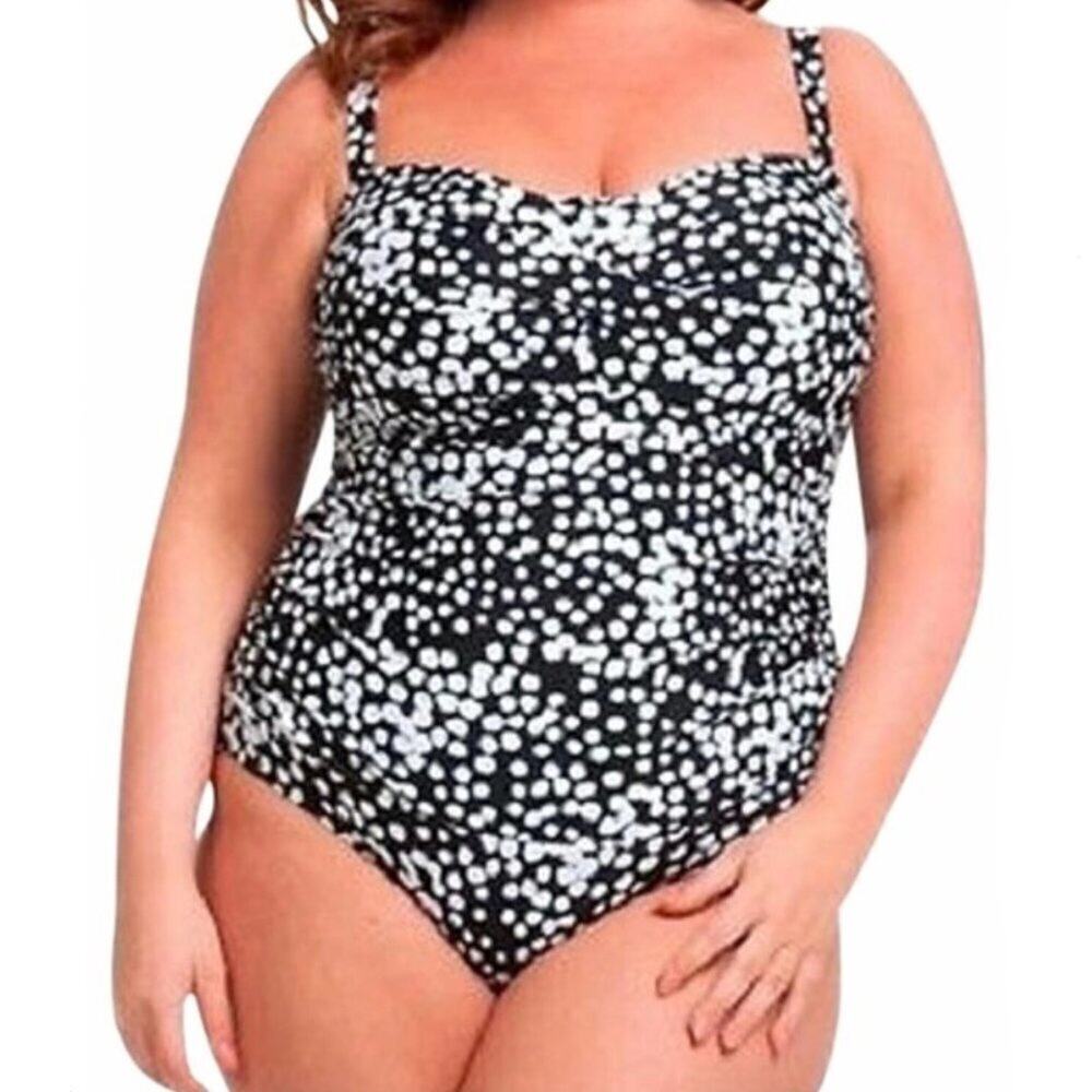 Catalina Black & White Scattered Polka Dot Twist Front Swimsuit Size 3X
